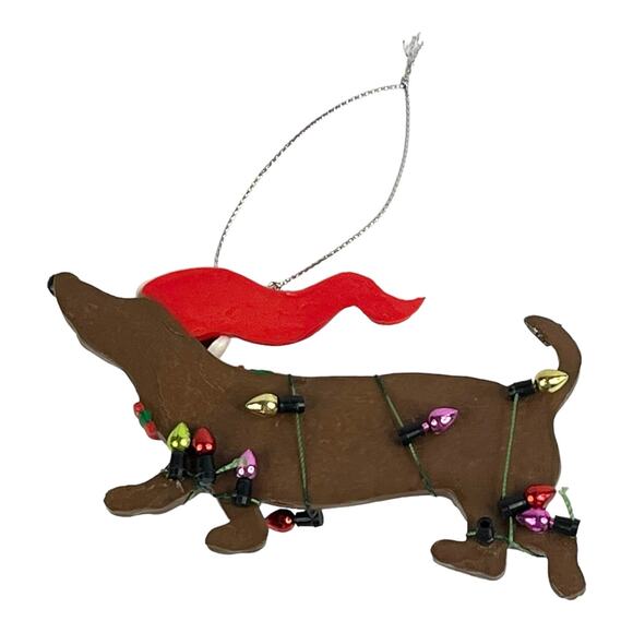 VTG Holiday DACHSHUND DOG ORNAMENT 5" Tangled In Christmas Lights w/ Santa Hat - Picture 4 of 6
